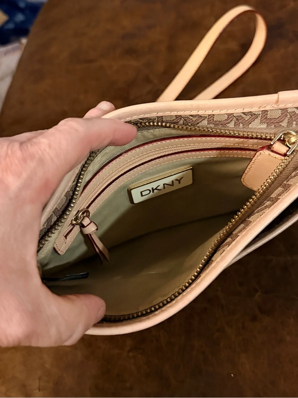 DKNY Signature Monogram Canvas Flat Crossbody Bag - Tan & Brown